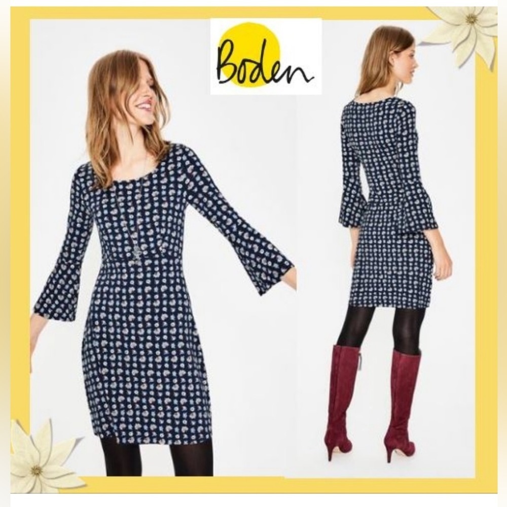 Boden Navy Floral Long-Sleeve Bell-Sleeve Dress